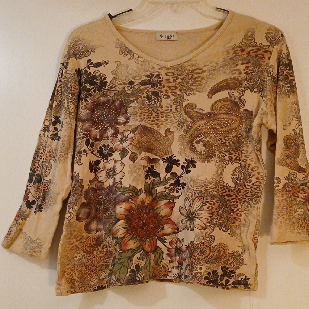 Cactus Women's Beige and Brown Floral PAISLEY leopard Long Sleeve Small, Studs